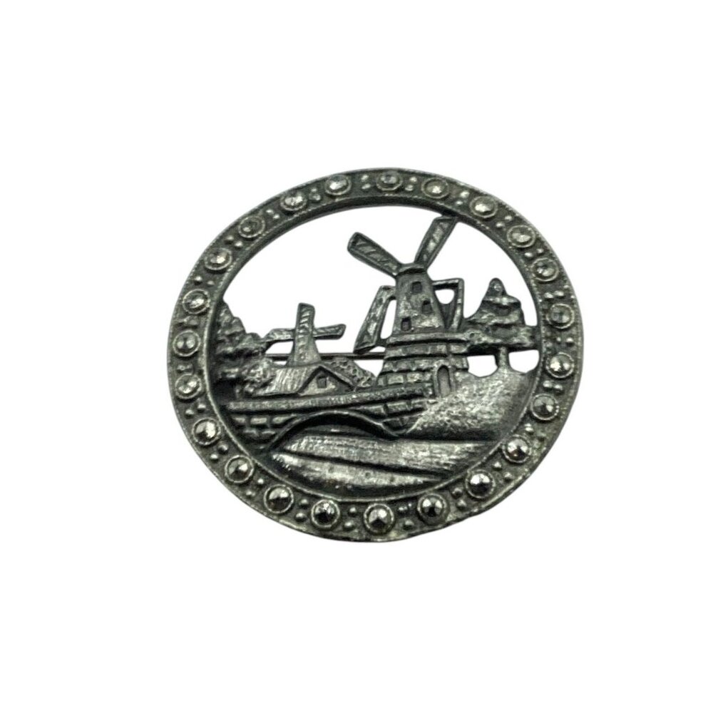 1960s Pewter Marcasite Windmill Scene Brooch RARE Estate Find